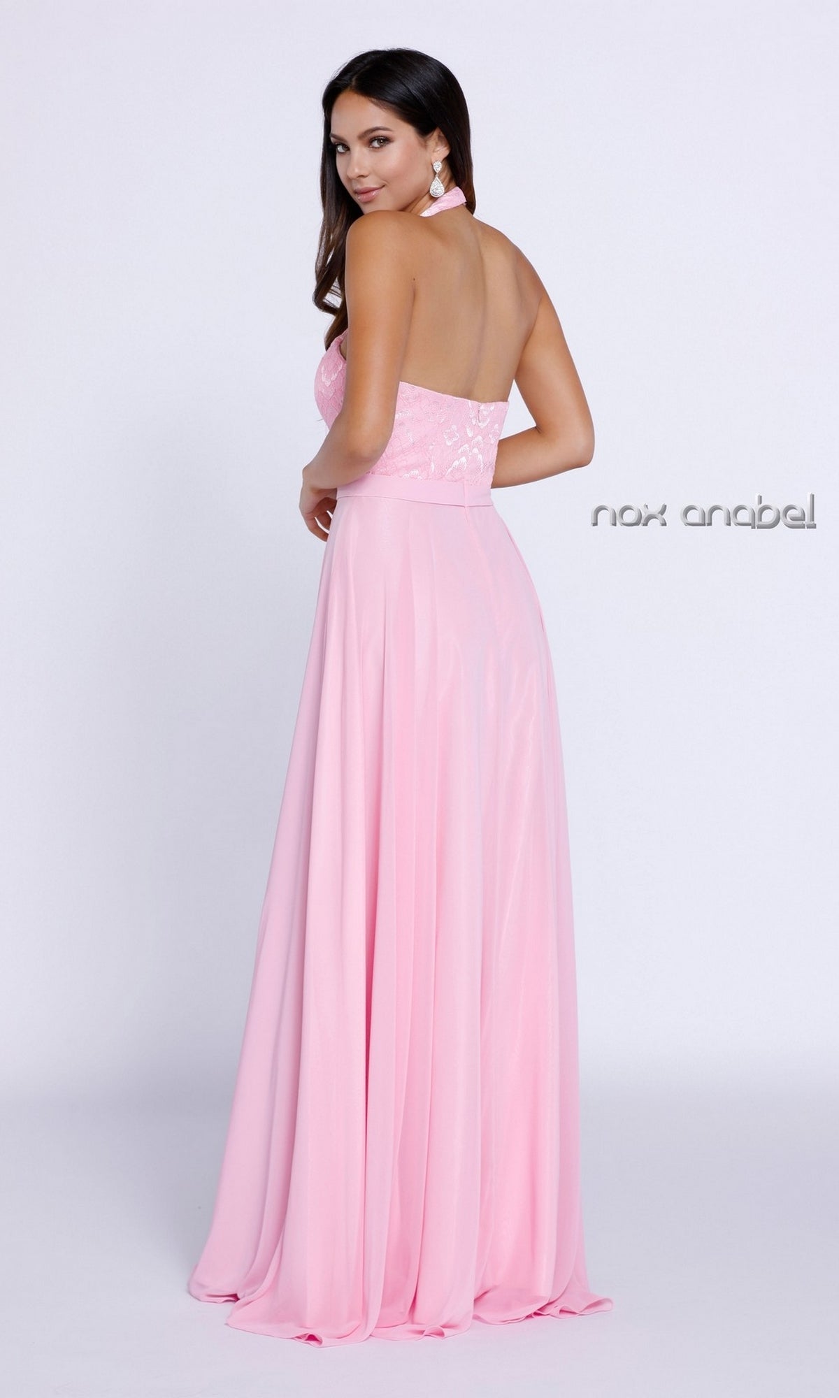  Long Formal Evening Gown With Lace Halter Top