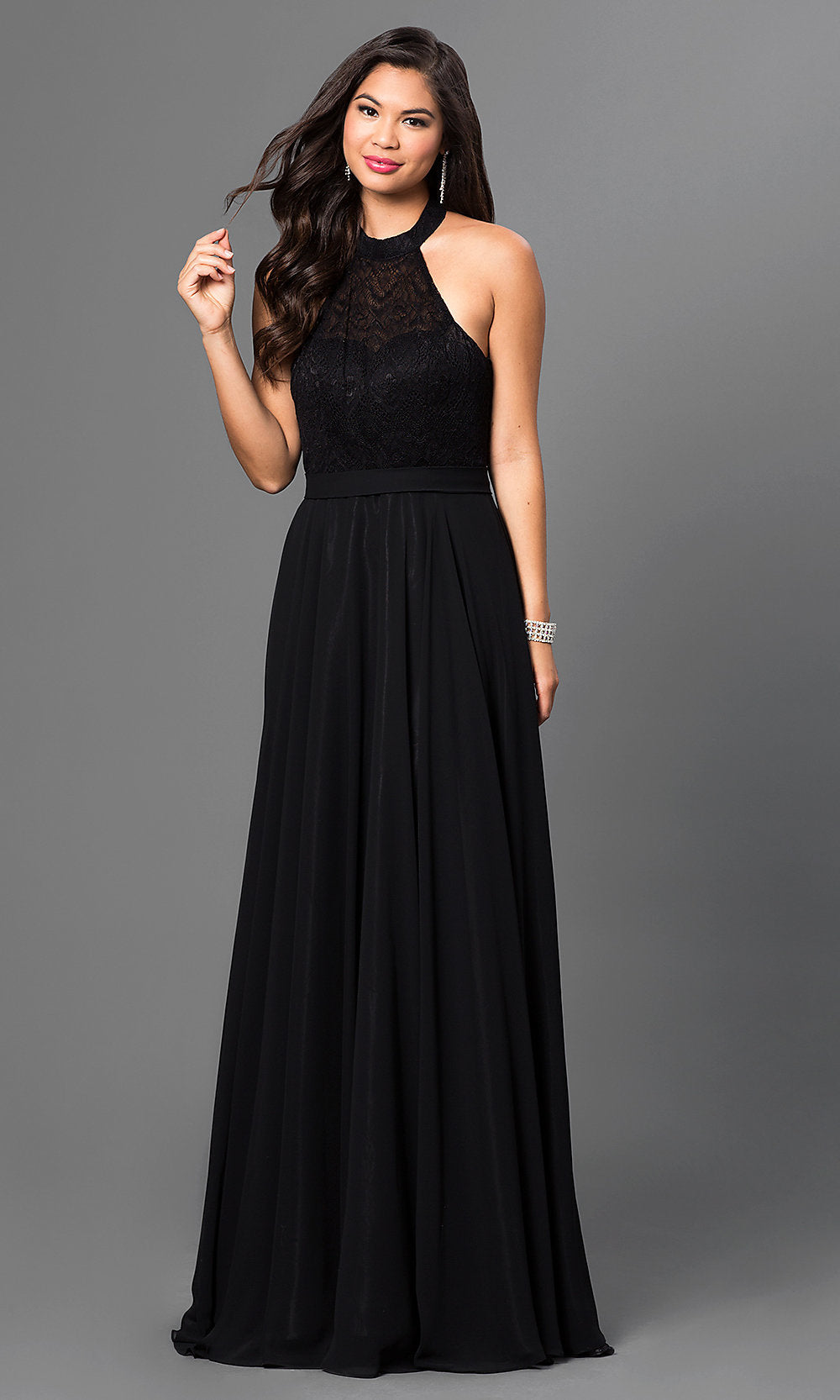 Black Long Formal Evening Gown With Lace Halter Top