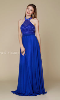 Royal Blue Long Formal Evening Gown With Lace Halter Top