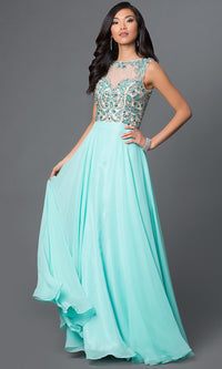 Mint Green Jeweled Illusion Open-Back Long Formal Gown