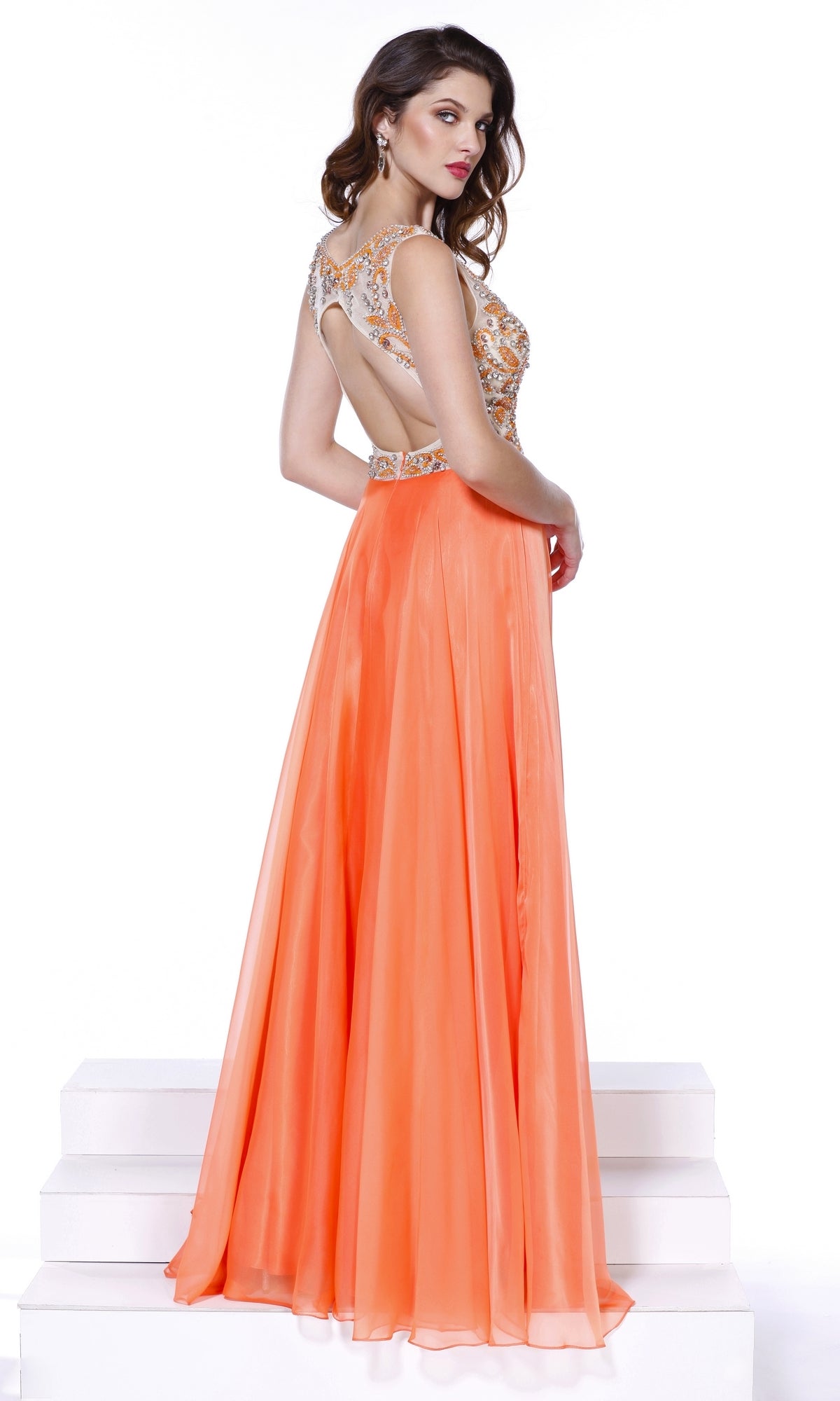  Jeweled Illusion Open-Back Long Formal Gown