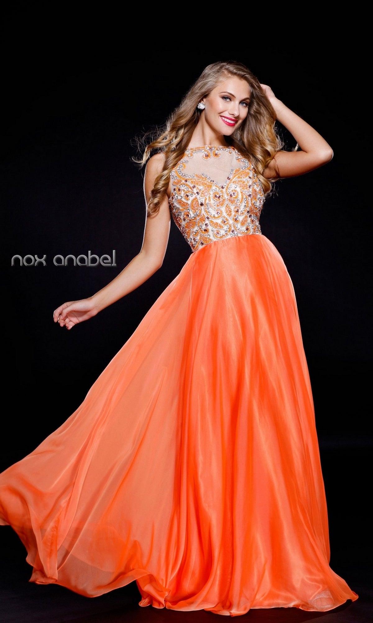 Orange Jeweled Illusion Open-Back Long Formal Gown