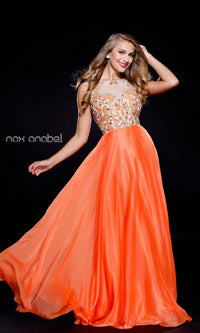 Orange Jeweled Illusion Open-Back Long Formal Gown