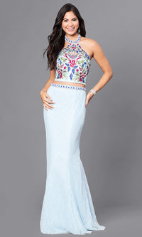 Aqua Blue Halter Two-Piece Long Lace Prom Dress