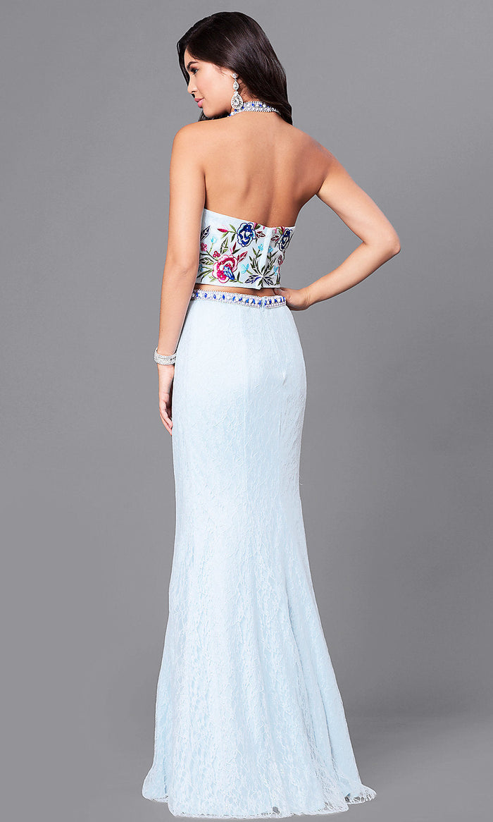  Halter Two-Piece Long Lace Prom Dress