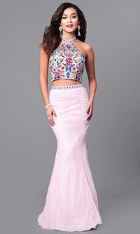 Baby Pink Halter Two-Piece Long Lace Prom Dress