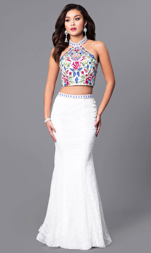 White Halter Two-Piece Long Lace Prom Dress