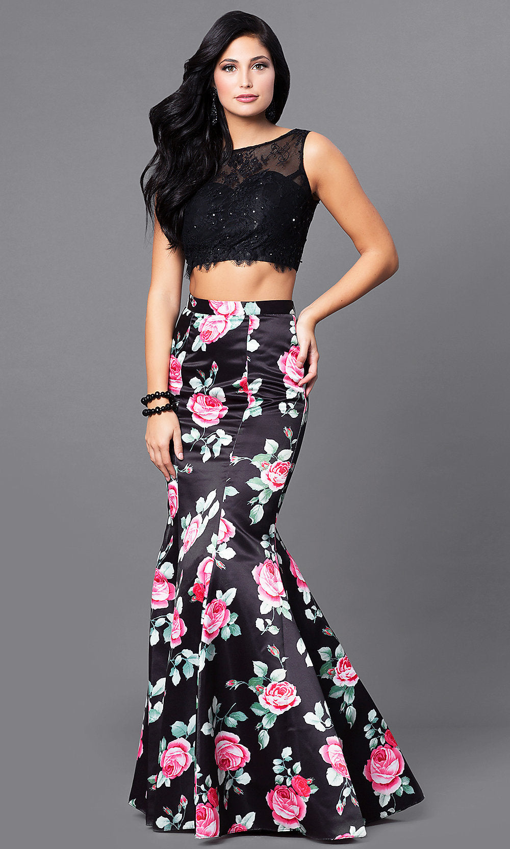 Black Floral-Print Skirt and Lace-Top Black Prom Dress