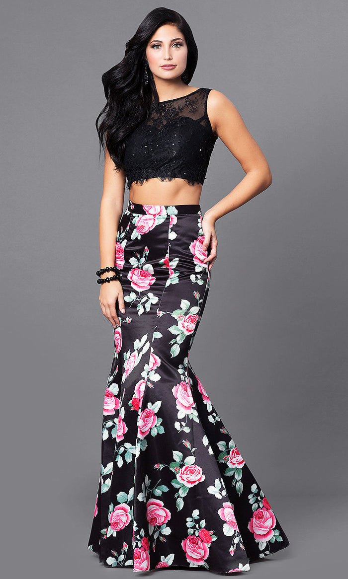 Black Floral-Print Skirt and Lace-Top Black Prom Dress