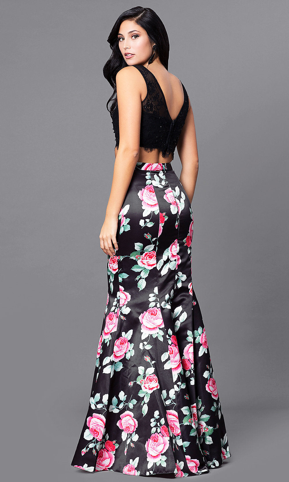  Floral-Print Skirt and Lace-Top Black Prom Dress