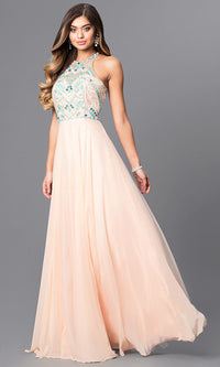 Nude/Aqua Long Chiffon Formal Evening Gown with Jeweled Bodice