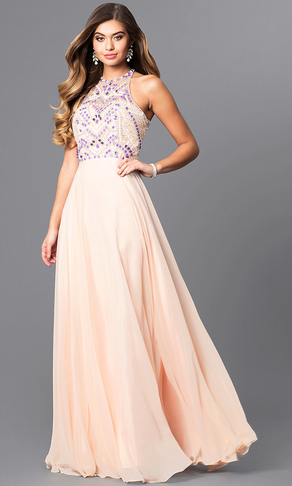 Nude/Purple Long Chiffon Formal Evening Gown with Jeweled Bodice