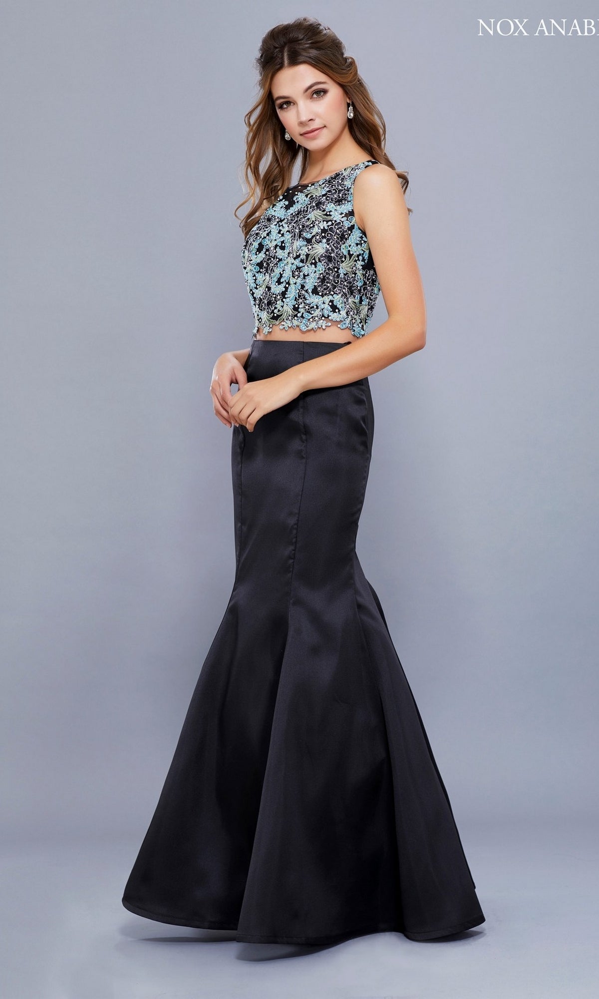 Black Embroidered Top Two Piece Mermaid Gown