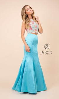 Turquoise Embroidered Top Two Piece Mermaid Gown
