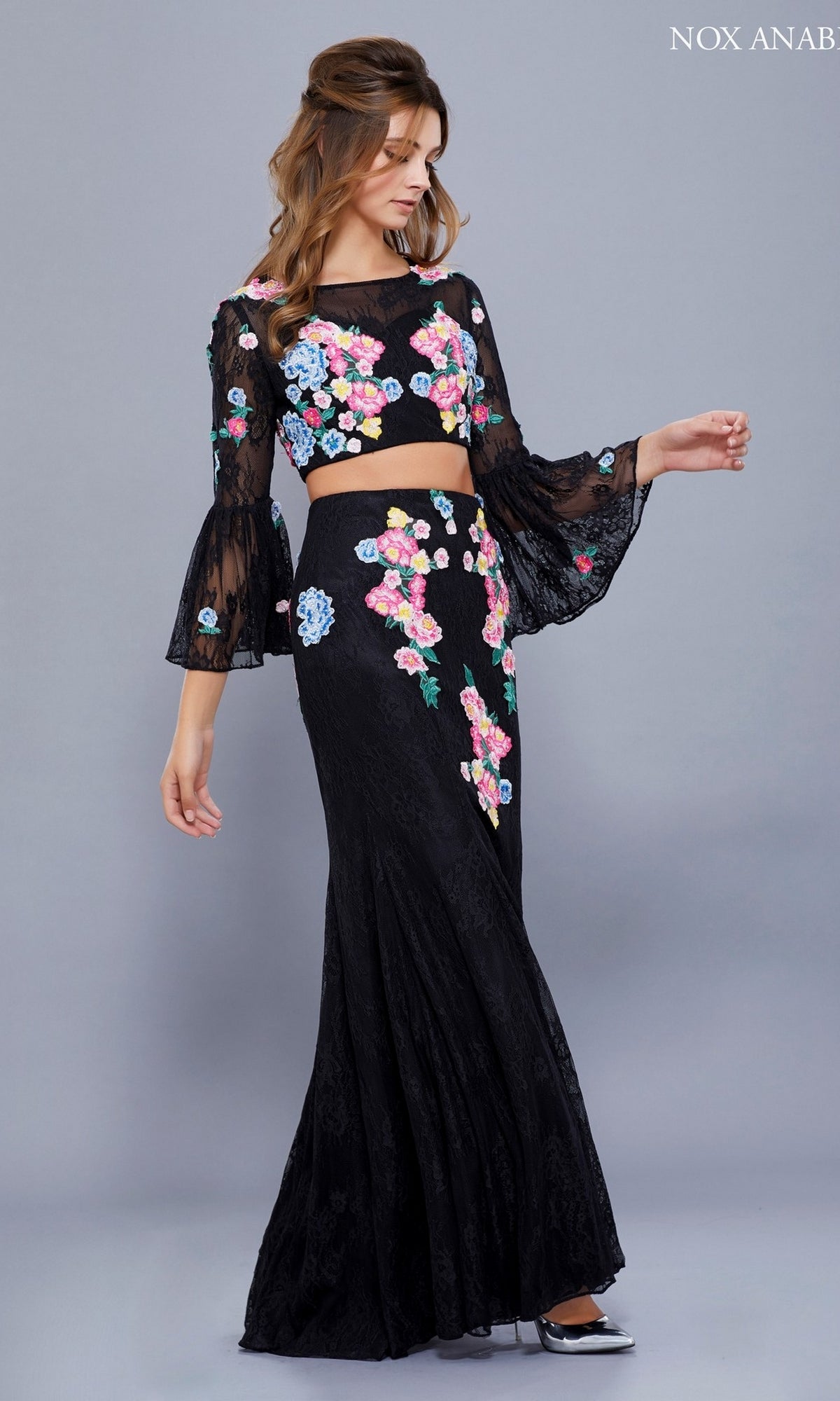 Black Bell Sleeve Long Two Piece Prom Dress