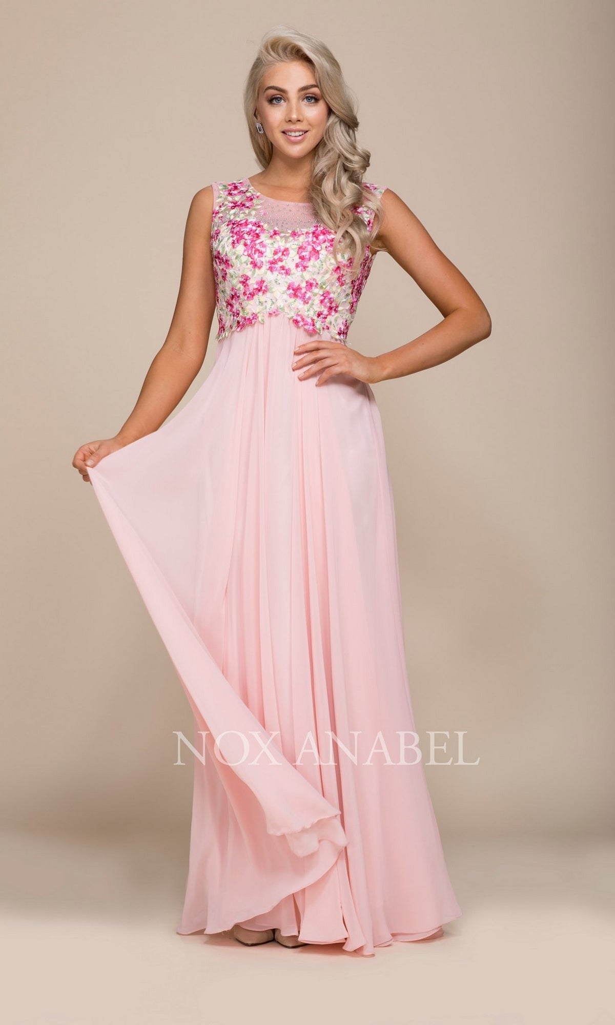 Blush Embroidered Bodice Pink Prom Dress