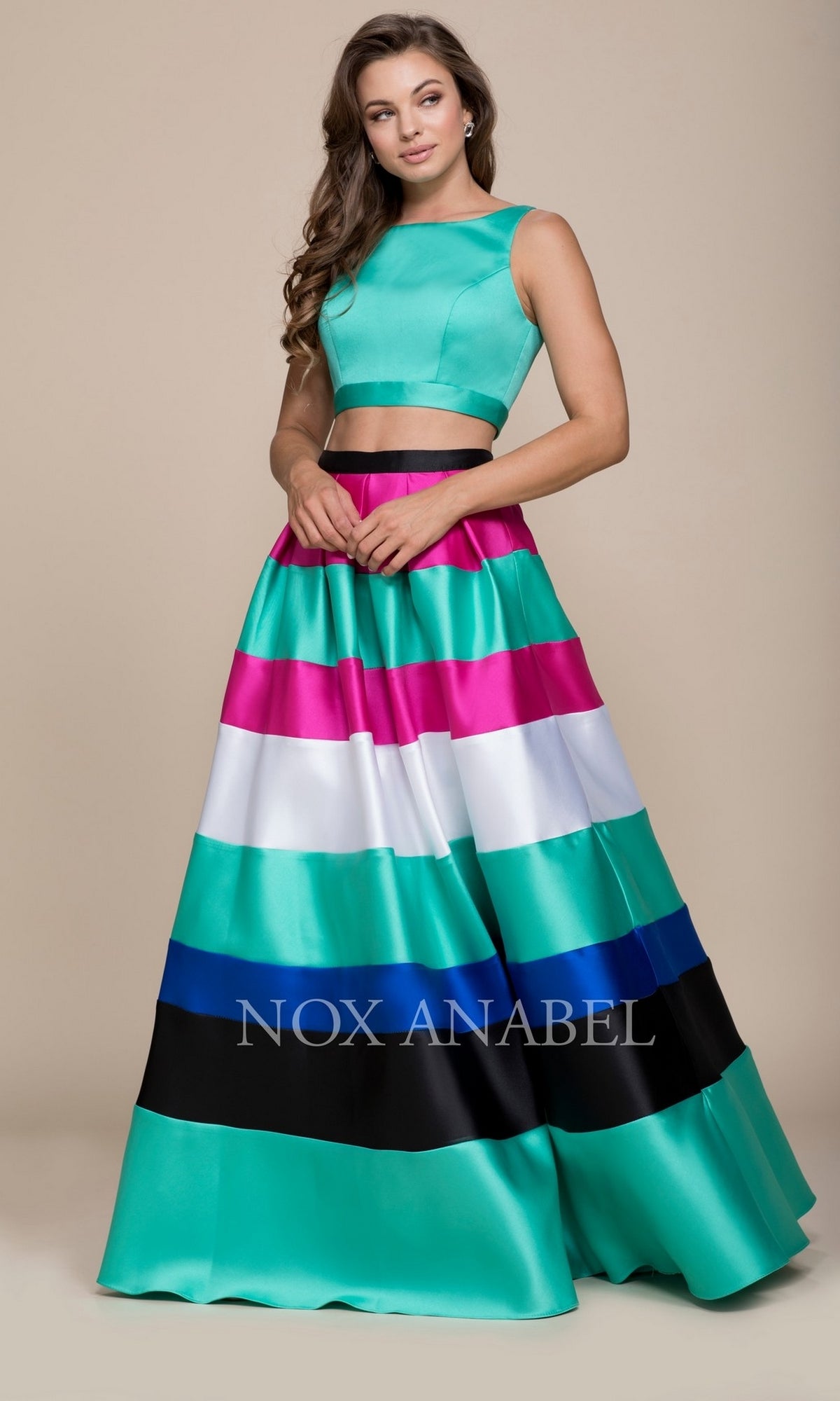 Multi Two-Piece Multi-Color Striped Long Prom Dress