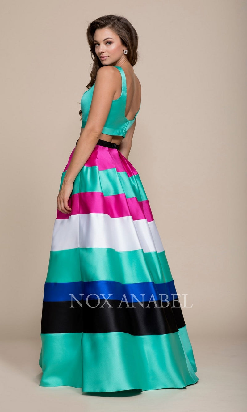 Two-Piece Multi-Color Striped Long Prom Dress