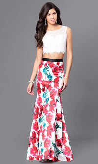 Floral Two-Piece Long Print-Skirt Prom Dress with Lace Top