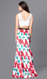  Two-Piece Long Print-Skirt Prom Dress with Lace Top