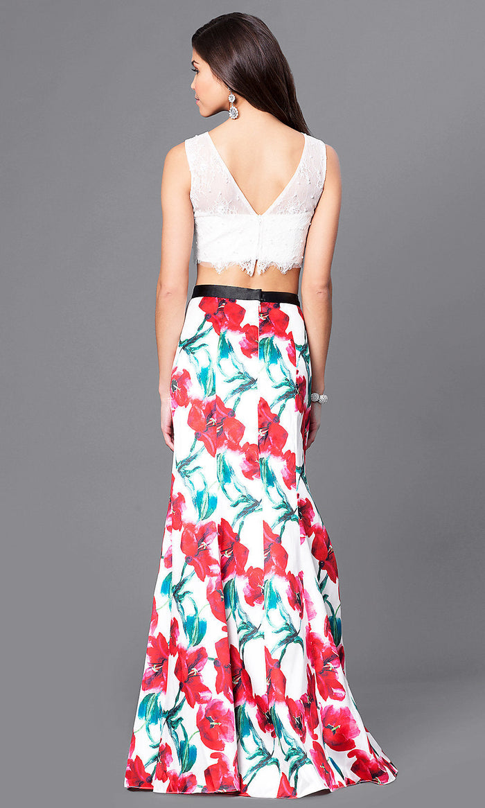  Two-Piece Long Print-Skirt Prom Dress with Lace Top