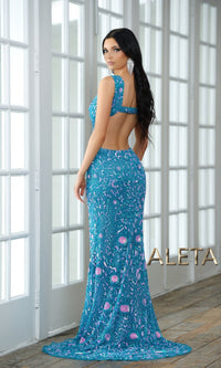  Turquoise Cut-Out Long Sequin Formal Gown 877