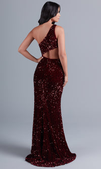  Dark Red Sequin Prom Dress with Side Cut-Out