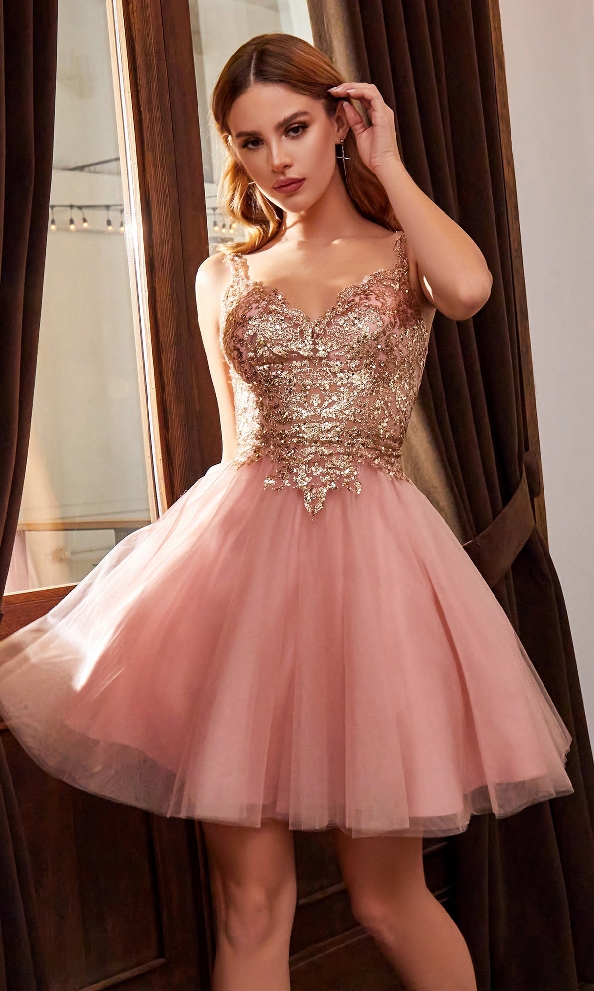 Metallic-Lace Bodice Short Homecoming Dress - PromGirl Rose Gold / 2XLarge Metallic-Lace Bodice Short Homecoming Dress - PromGirl Rose Gold / 2XLarge