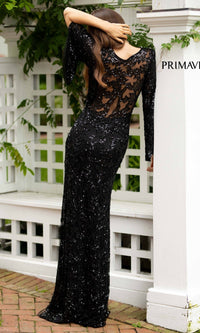 Black Sheer-Back Beaded Formal Dress with Sleeves 9713