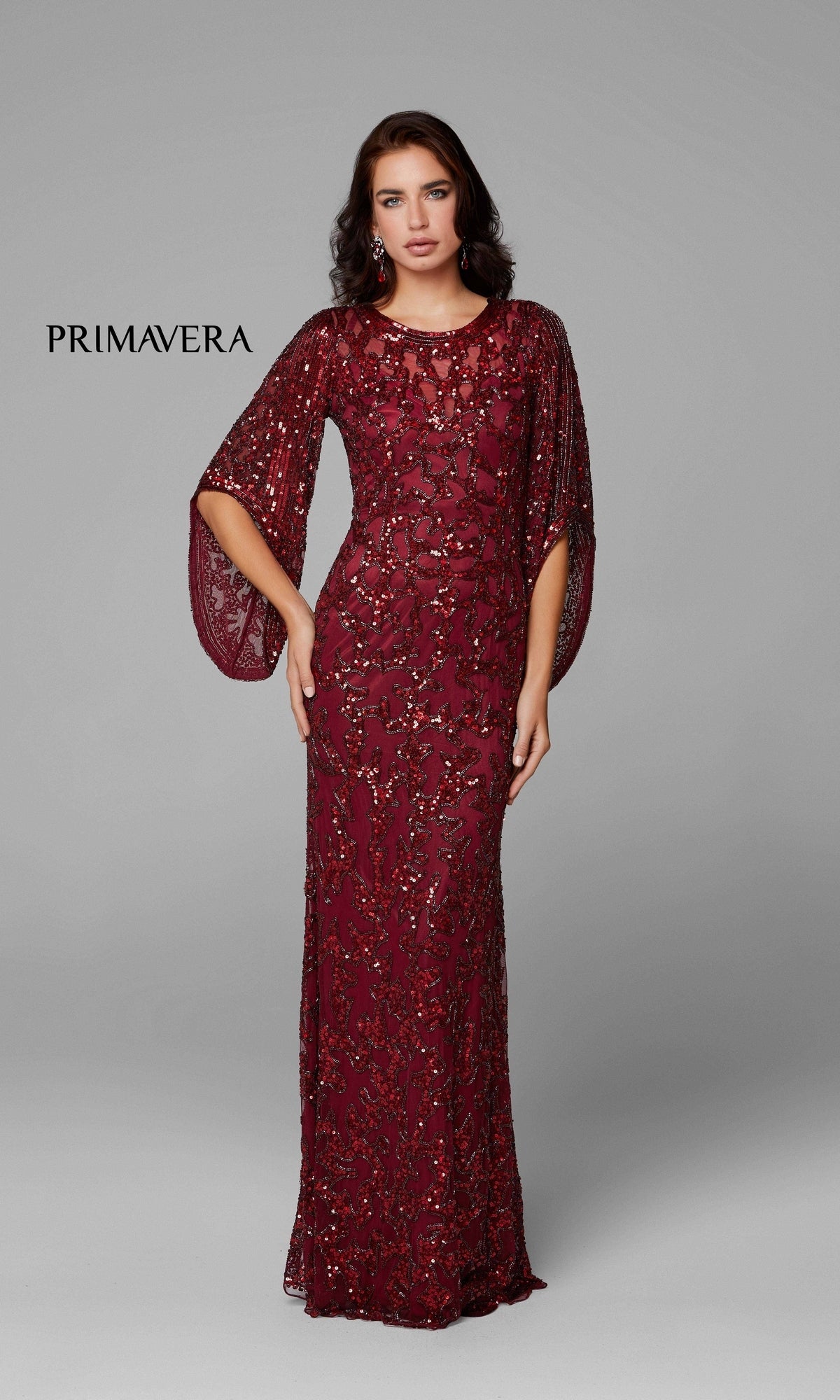 Burgundy Sheer-Back Beaded Formal Dress with Sleeves 9713