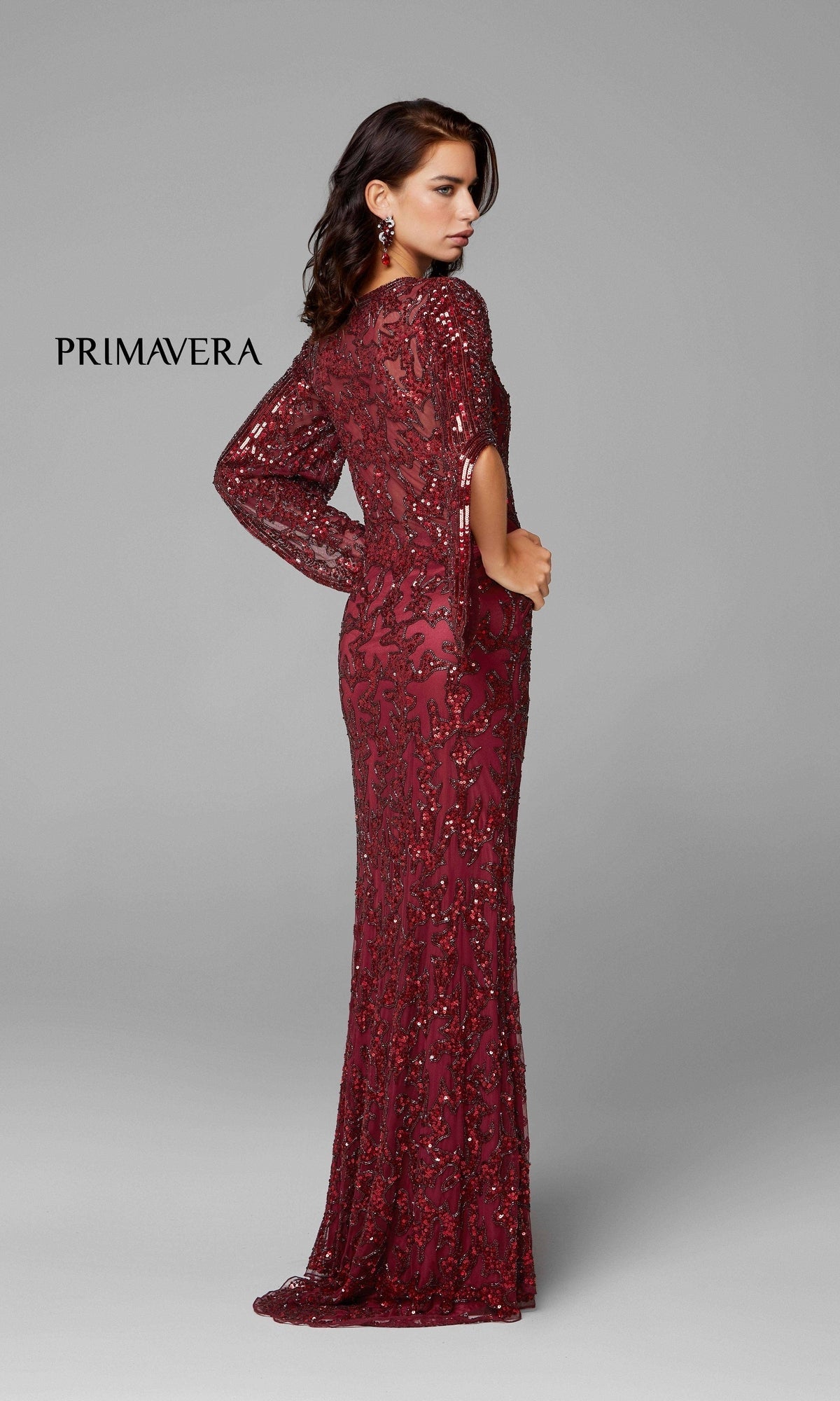  Sheer-Back Beaded Formal Dress with Sleeves 9713