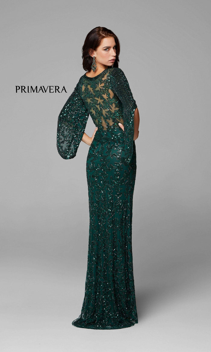 Forest Green Sheer-Back Beaded Formal Dress with Sleeves 9713