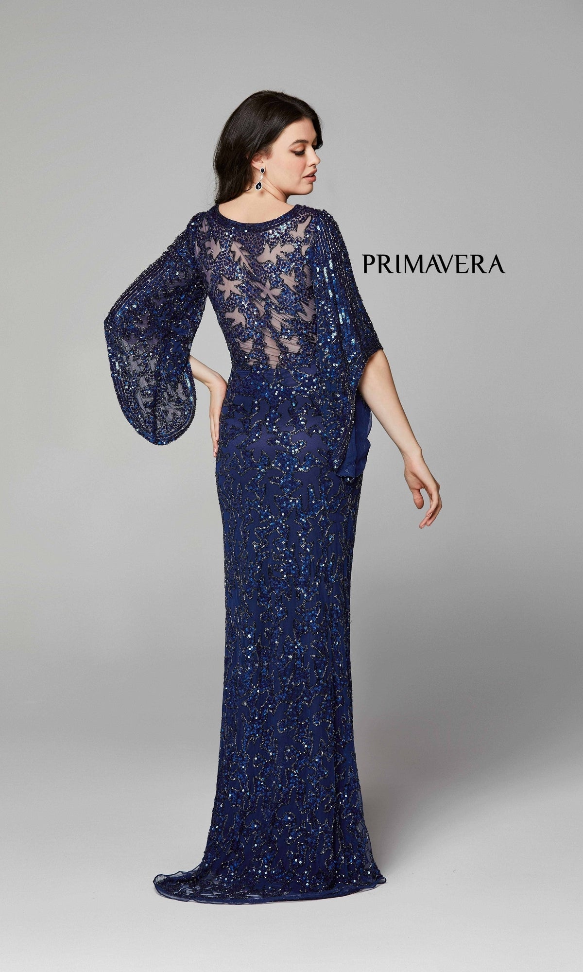 Midnight Sheer-Back Beaded Formal Dress with Sleeves 9713