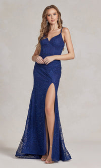 Navy Blue Beaded-Lace Long Prom Dress with Corset