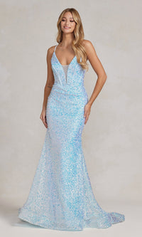  Corset-Back Deep V-Neck Long Sequin Prom Dress