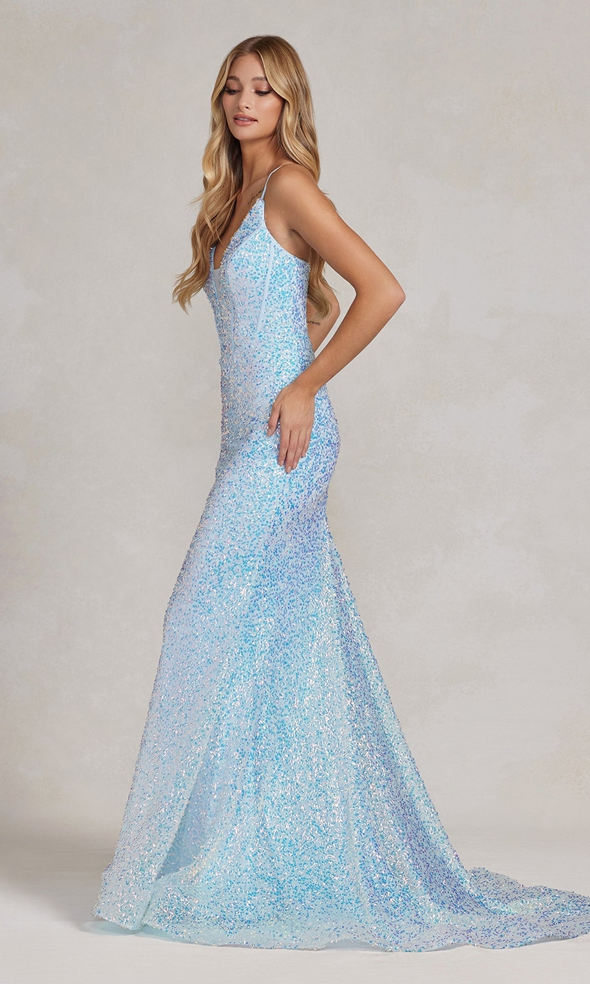  Corset-Back Deep V-Neck Long Sequin Prom Dress