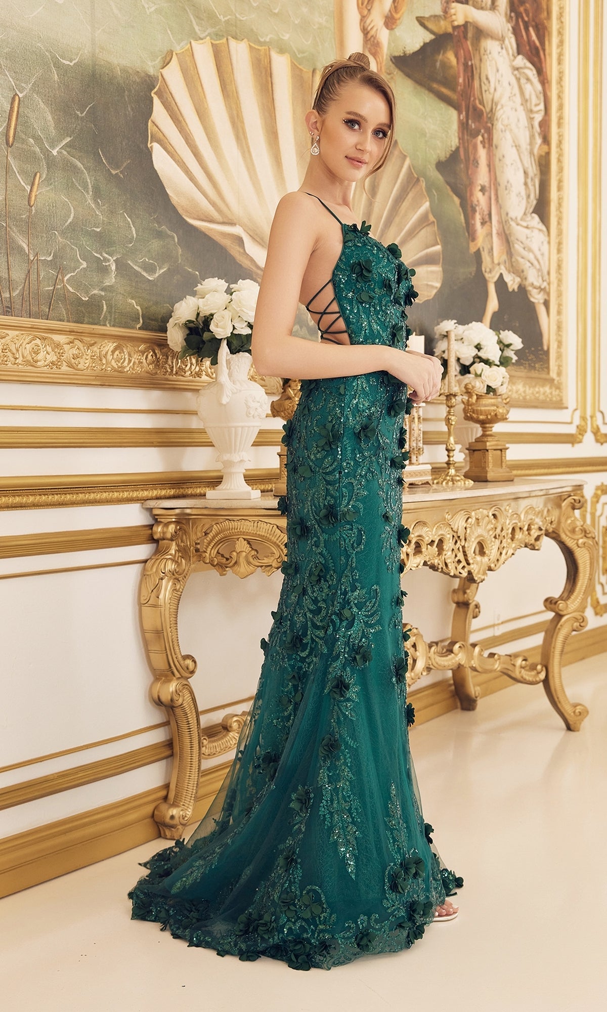  3D Floral Emerald Green Long Formal Gown C1098