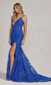Royal Blue Lace Formal Gown with Sheer Bodice C1100