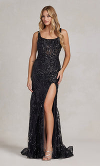Black Square-Neck Sheer-Waist Long Sequin Prom Dress