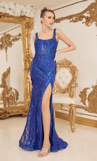 Royal Blue Square-Neck Sheer-Waist Long Sequin Prom Dress