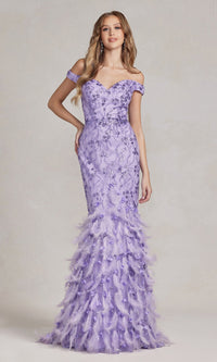 Lilac Feather-Skirt Off-Shoulder Long Prom Dress C1106