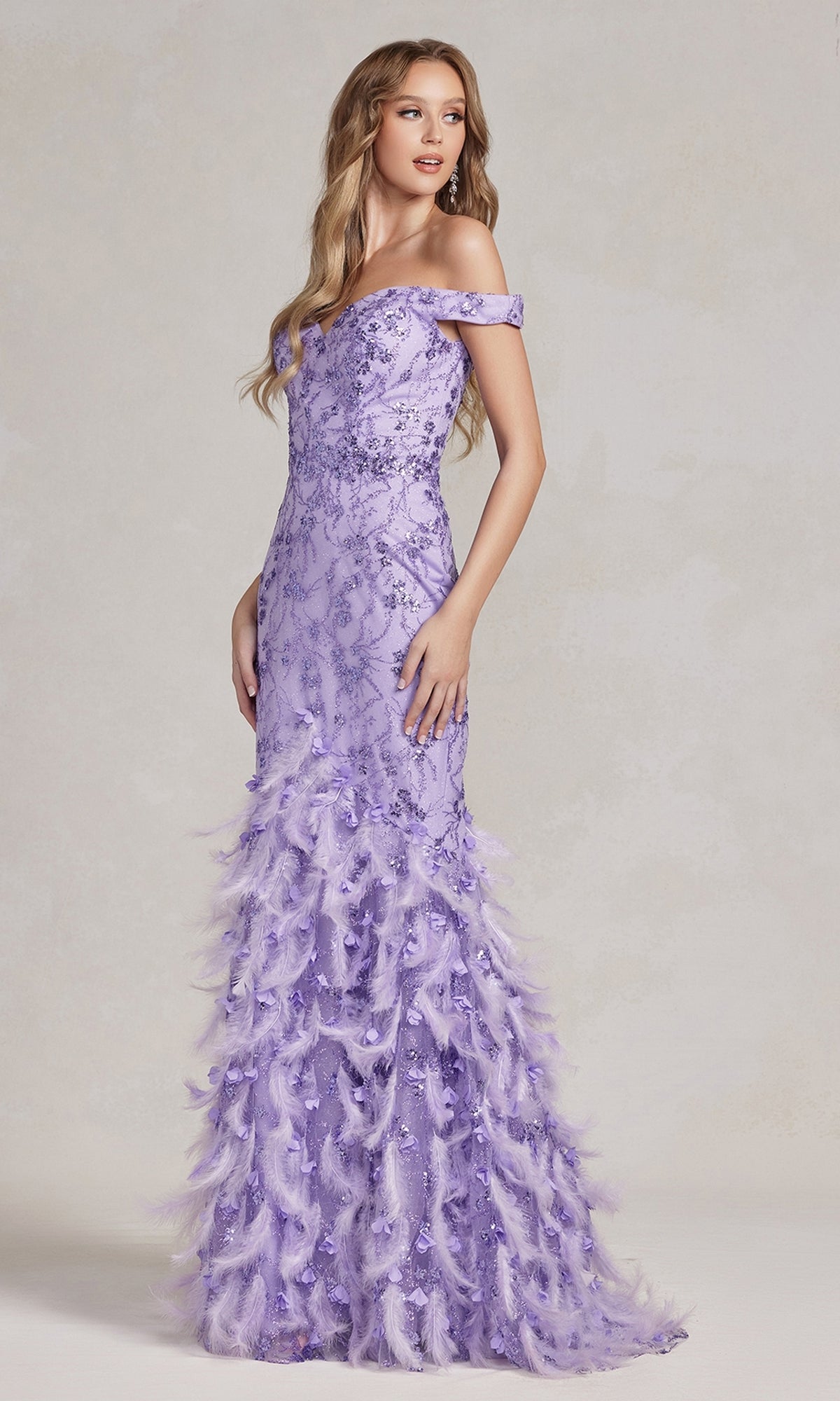  Feather-Skirt Off-Shoulder Long Prom Dress C1106