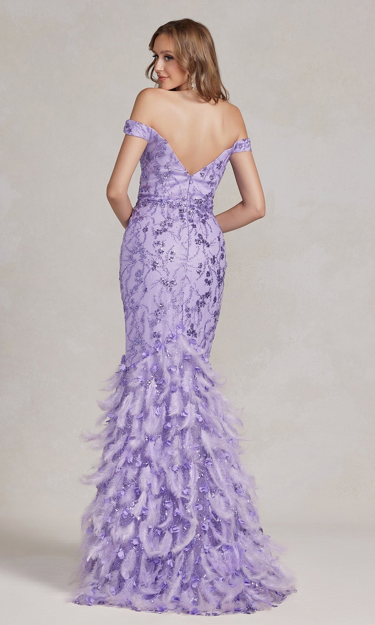  Feather-Skirt Off-Shoulder Long Prom Dress C1106