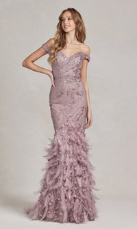 Mauve Feather-Skirt Off-Shoulder Long Prom Dress C1106