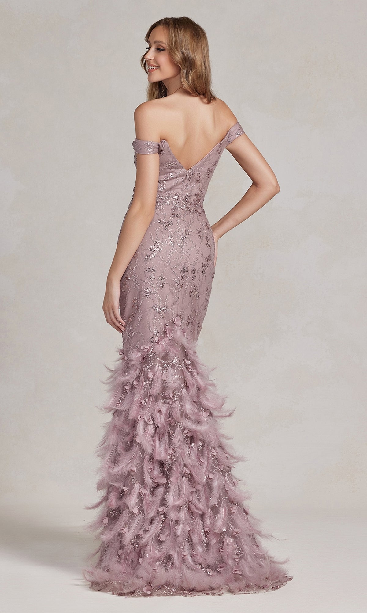 Feather-Skirt Off-Shoulder Long Prom Dress C1106