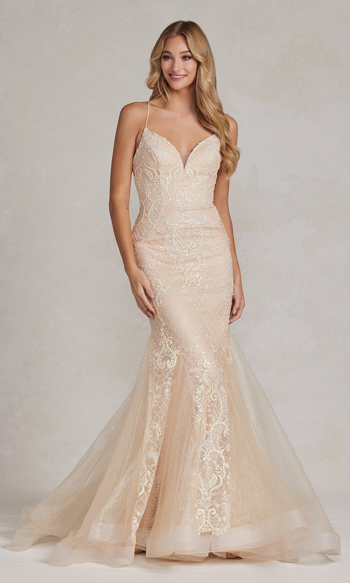  Champagne Long Lace Mermaid Formal Dress