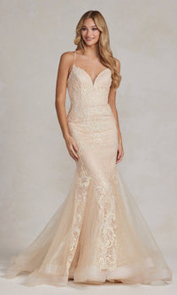  Champagne Long Lace Mermaid Formal Dress