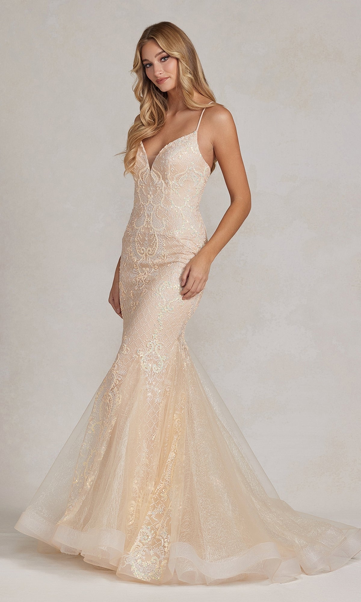  Champagne Long Lace Mermaid Formal Dress