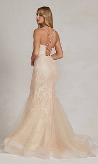  Champagne Long Lace Mermaid Formal Dress