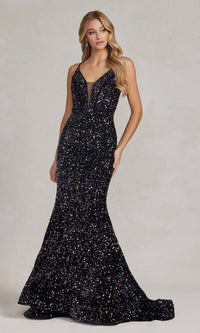 Black/Multi Corset-Back Long Sequin Prom Dress Under $200